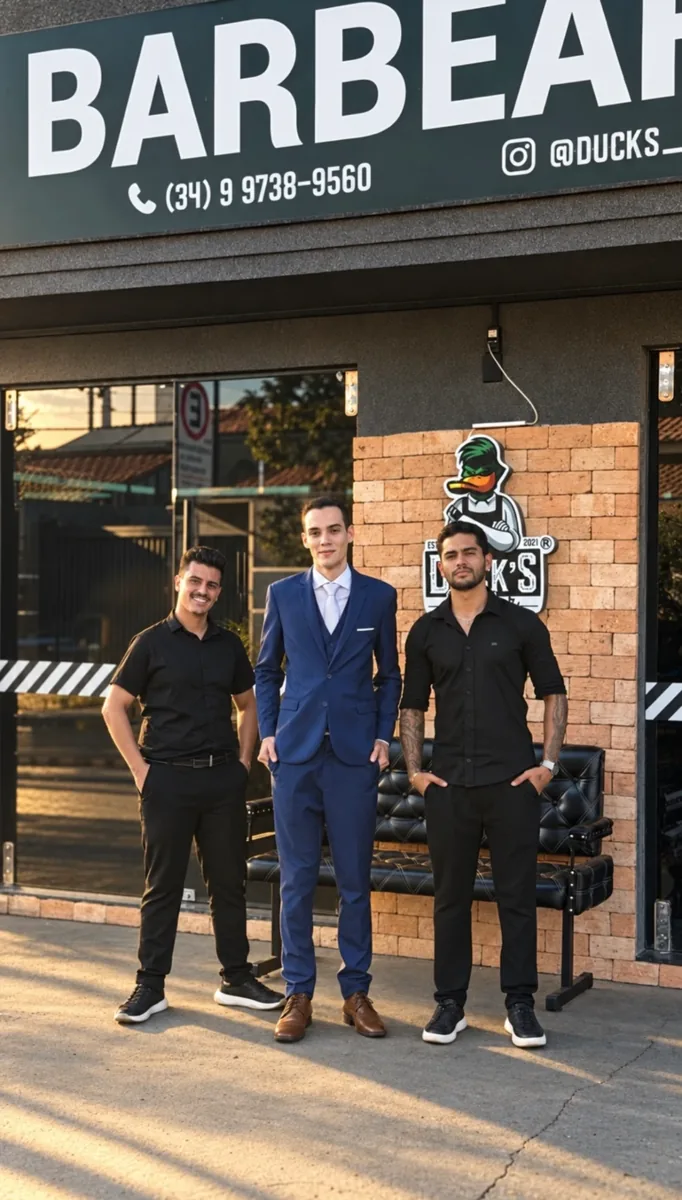 Noivo de terno azul com a equipe na entrada da Duck’s Barber